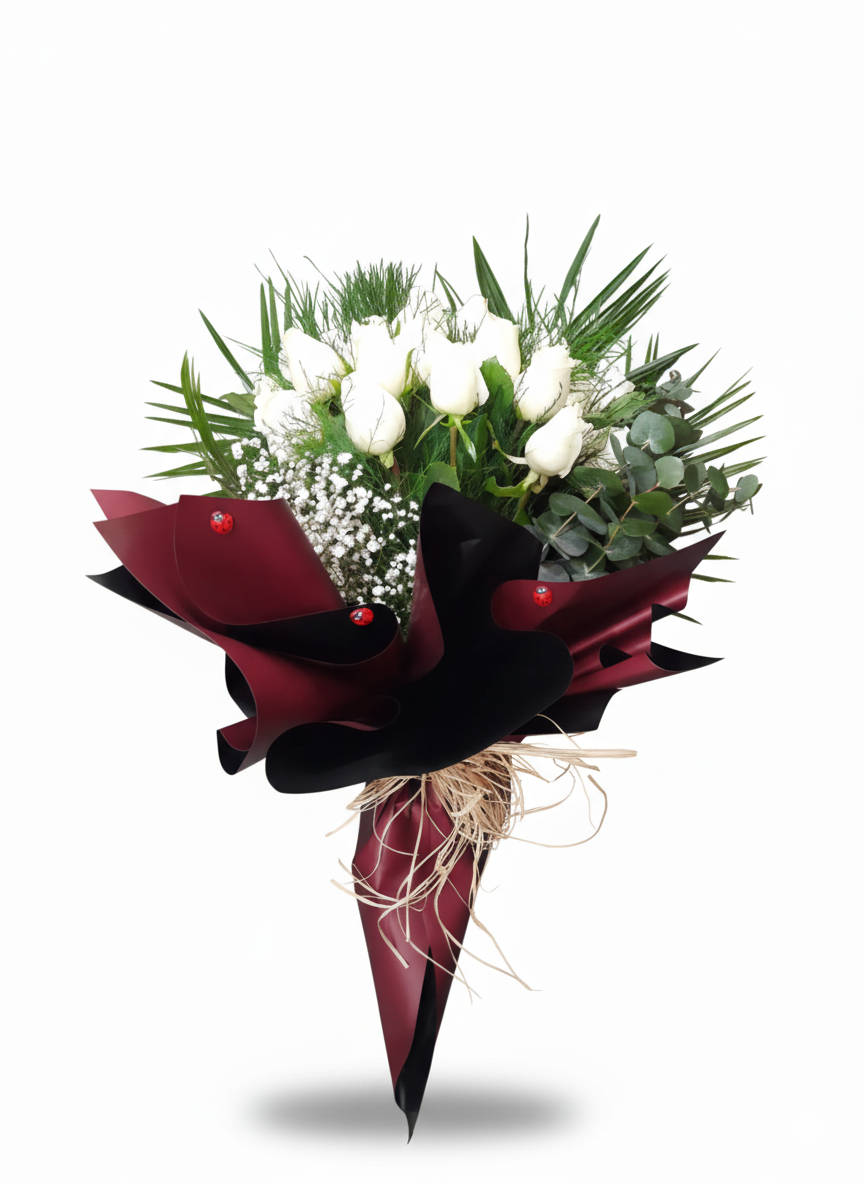 11 Adet İthal Beyaz Gül Buketi - Naturel Çiçekçilik