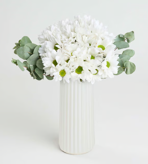 Beyaz Çizgili Polimer Vazoda Beyaz Papatyalar ve Okaliptus - Naturel Çiçekçilik