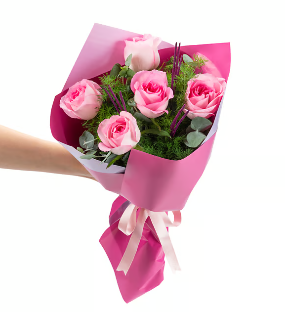 Lila Pembe Bukette Pembe Güller - Naturel Çiçekçilik